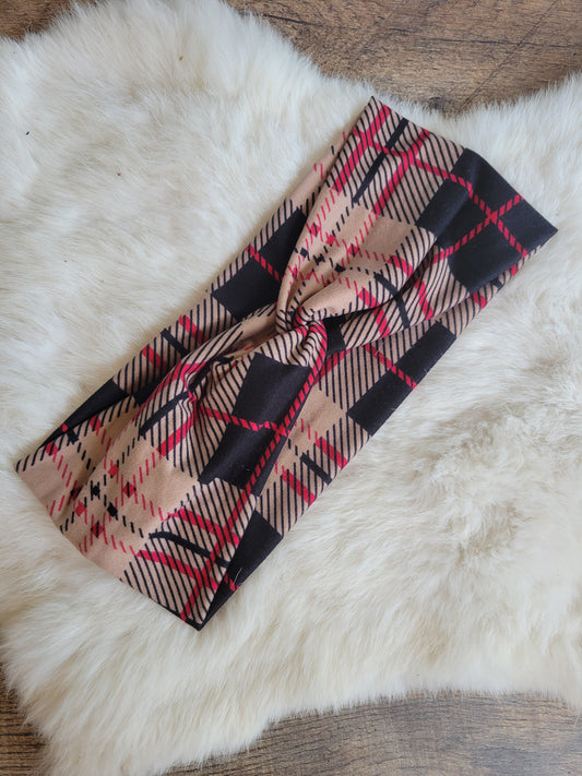 Tan black red plaid