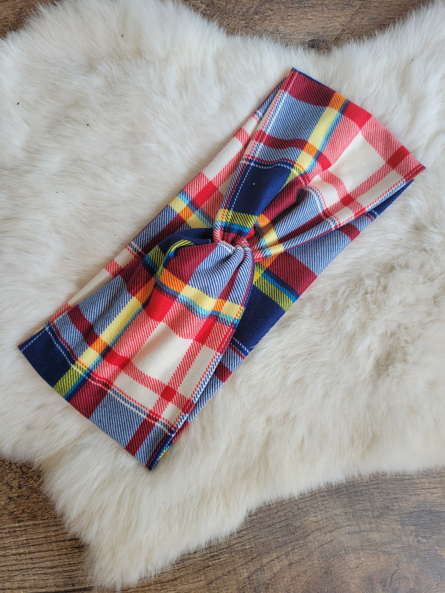 Cream red navy yellow plaid