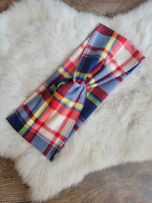 Cream red navy yellow plaid