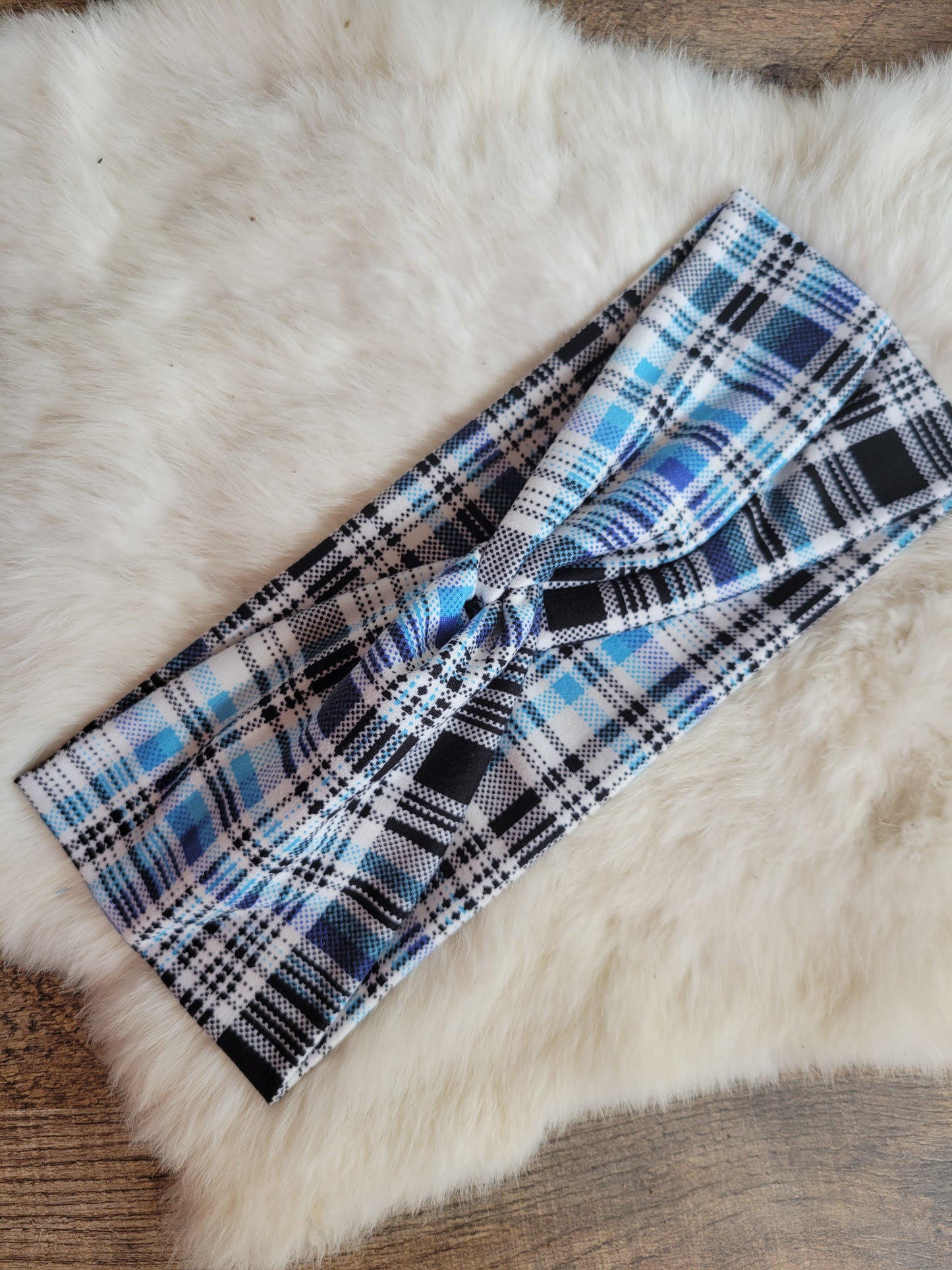Light blue and blue black and white plaid