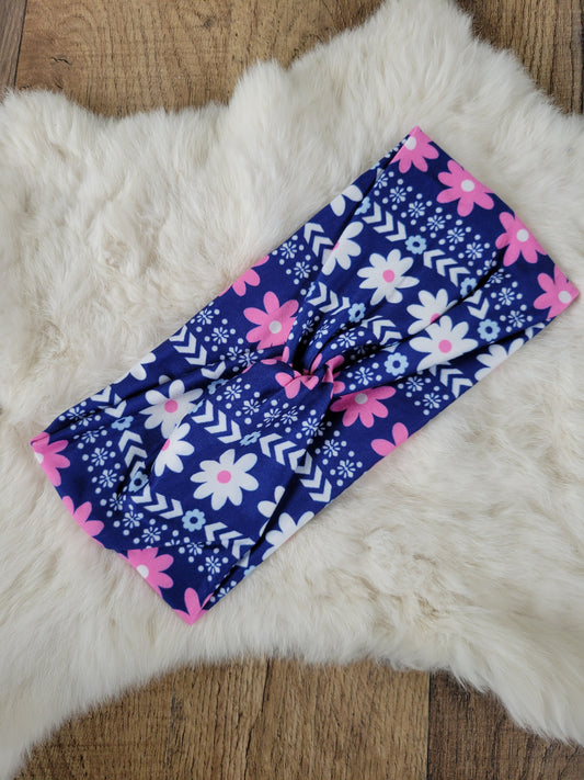 Blue with pink and white flowers