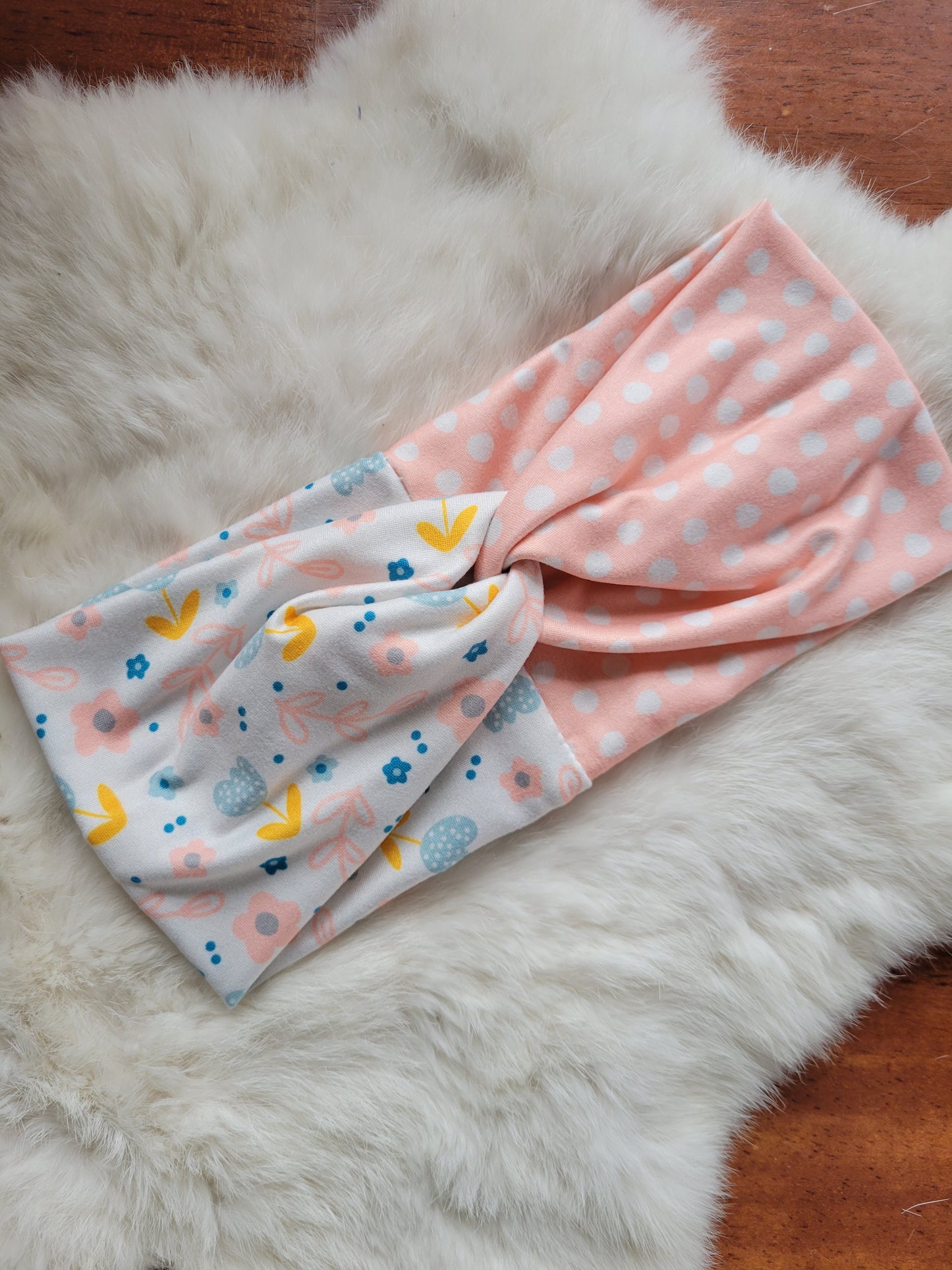 Peach yellow blue floral with peach polka dots