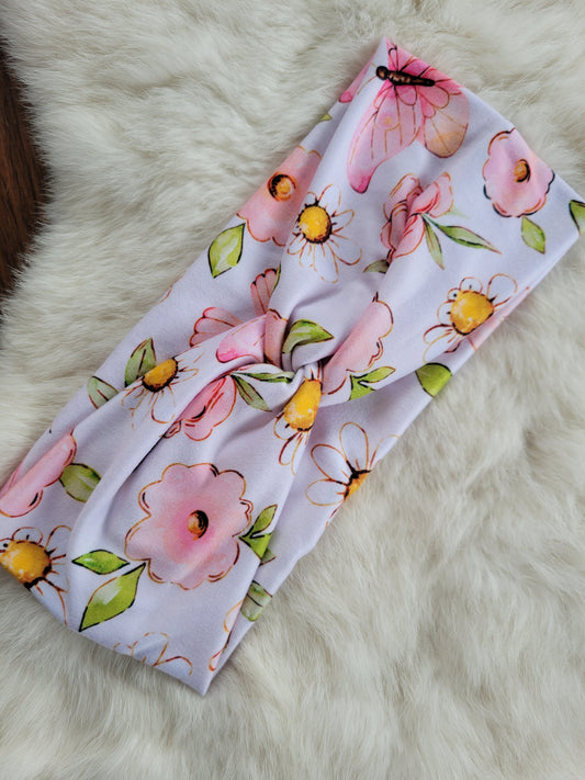 Watercolor pink flowers and butterflies