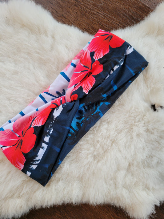 Palm trees and hibiscus flowers