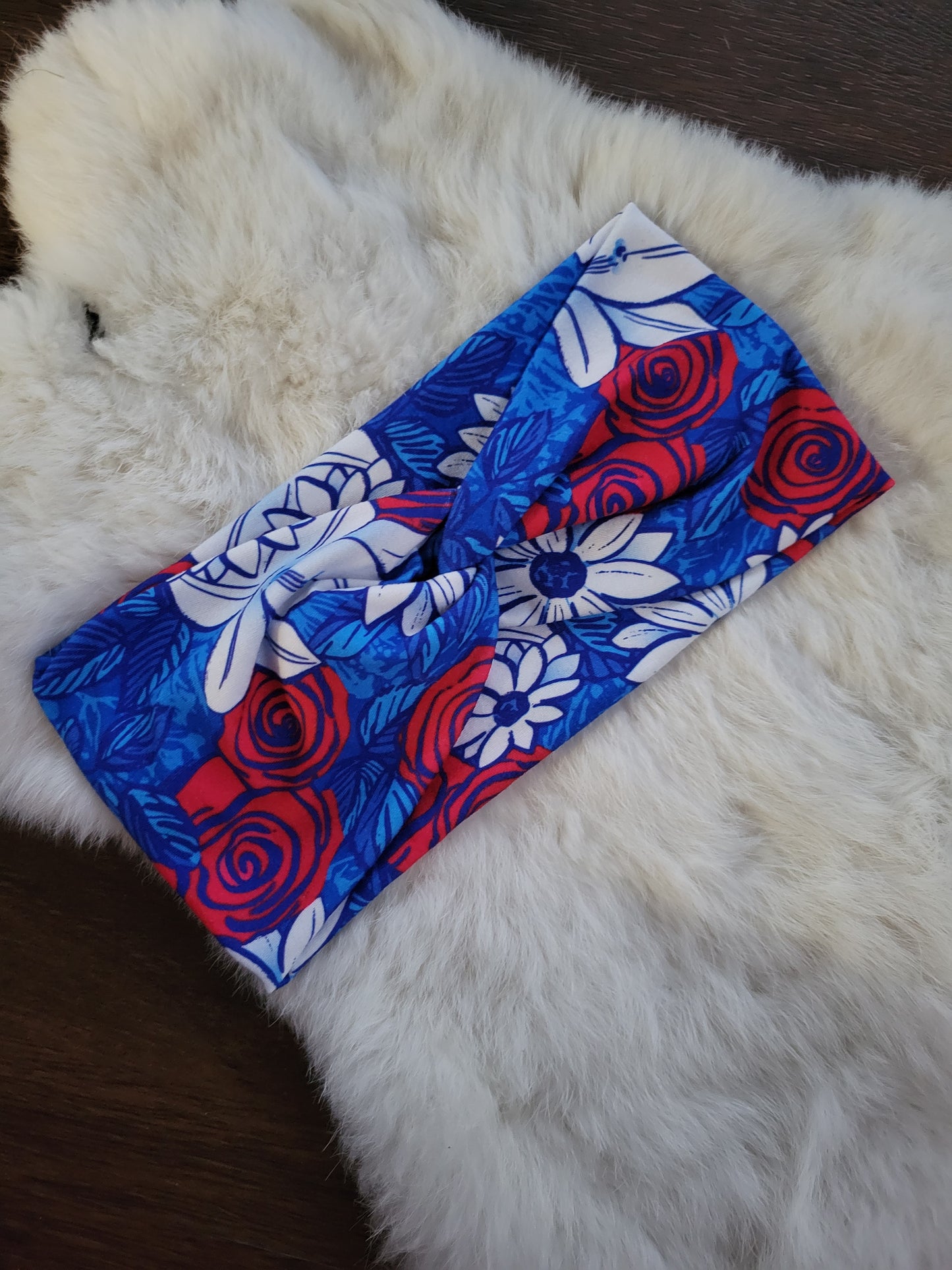 Bright blue red and white floral