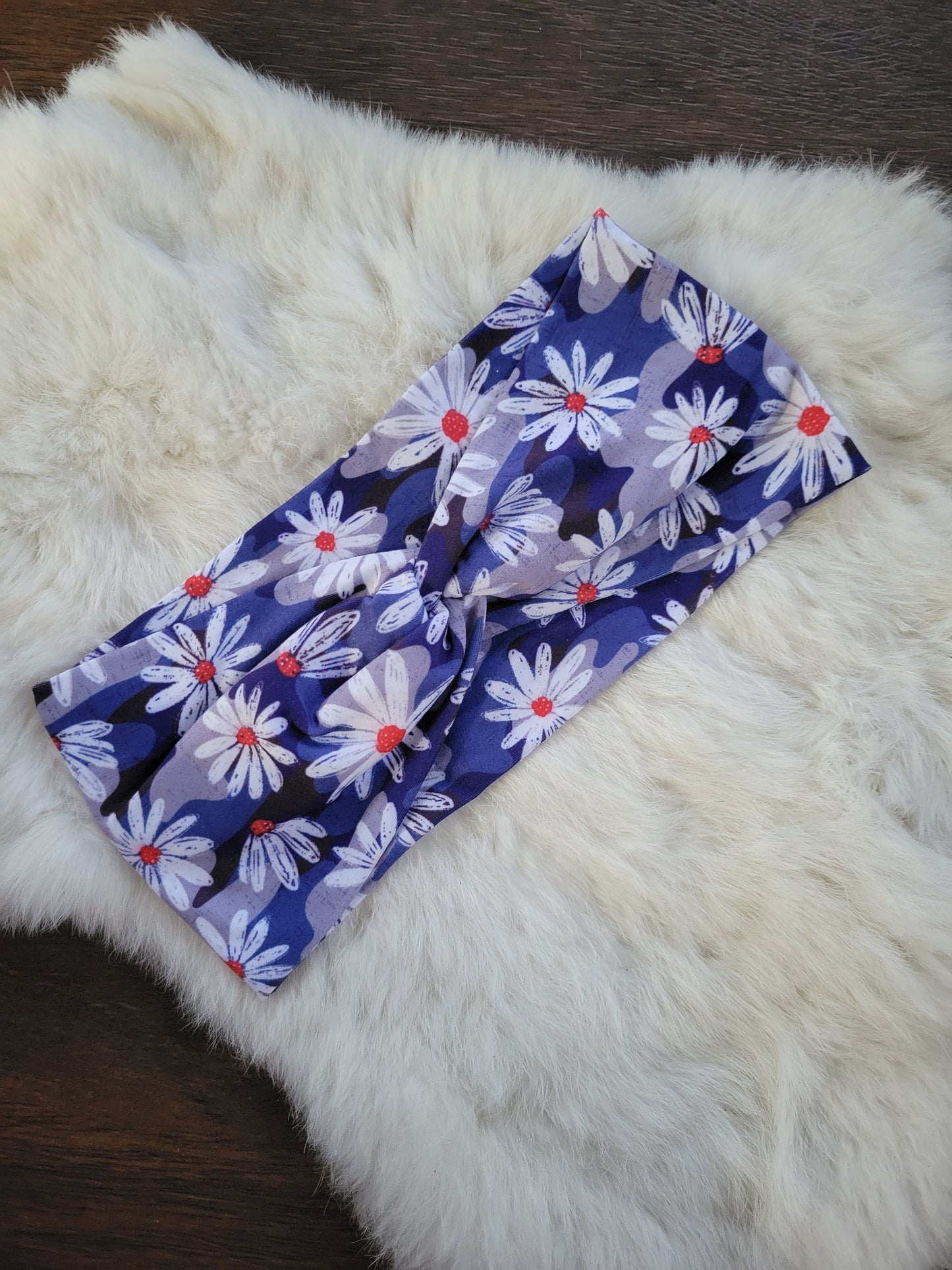 Blue camo with white and red flowers
