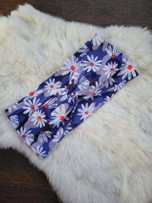 Blue camo with white and red flowers