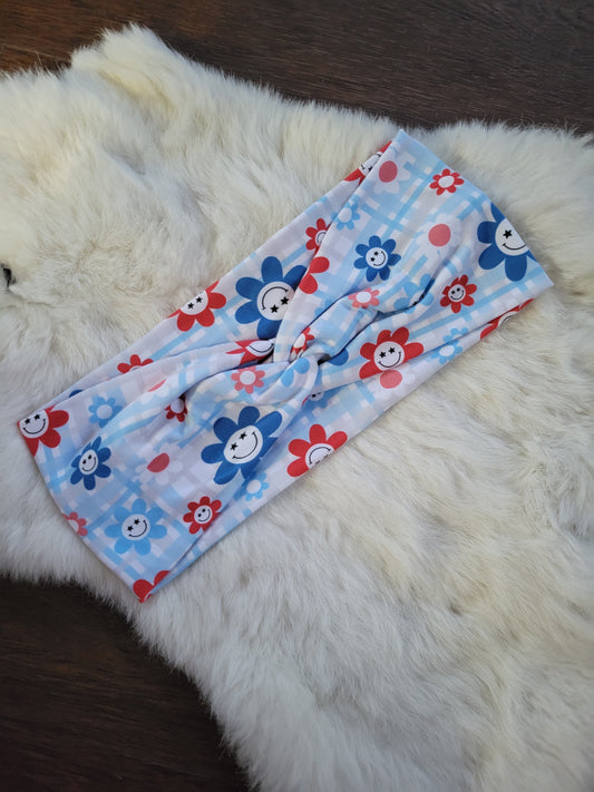 Plaid with red and blue flower smileys