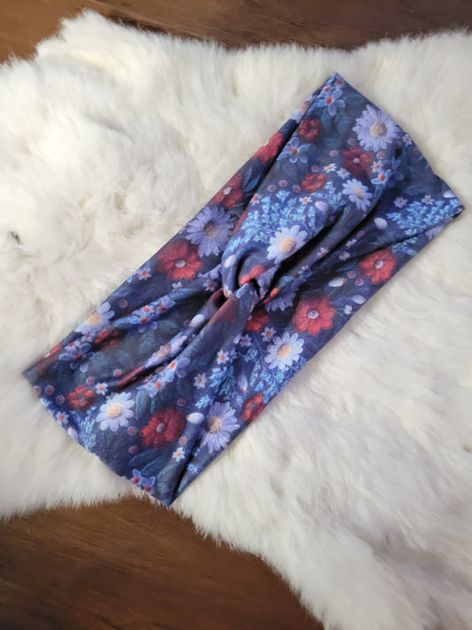Navy with blue and red flowers