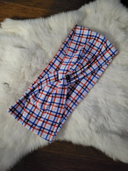 Red blue and white plaid