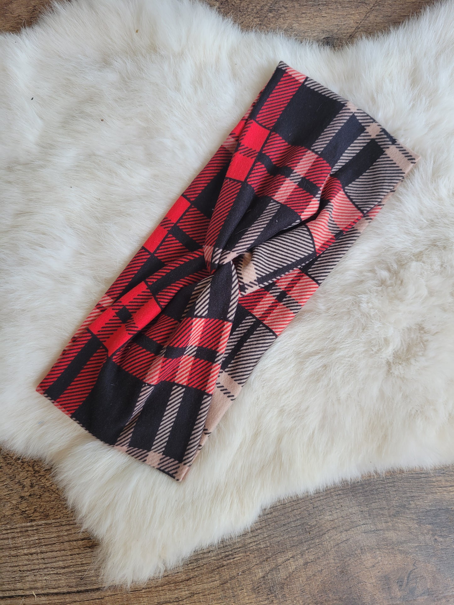 Beige black red plaid
