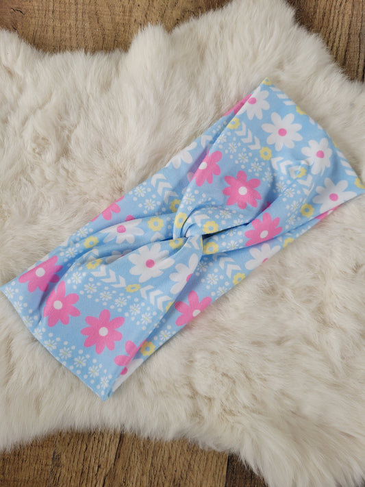 Light blue with pink and white flowers