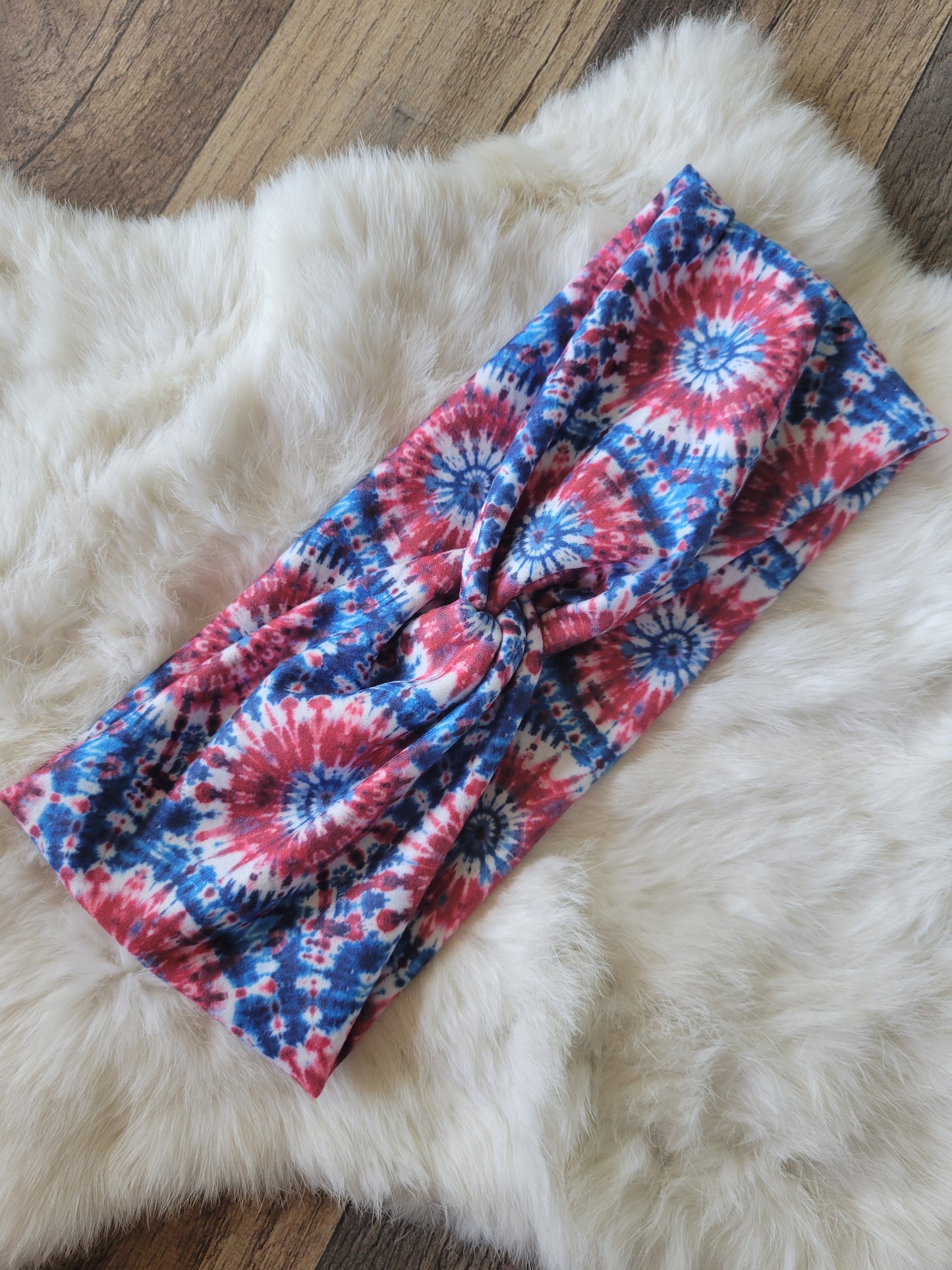 Blue with red tie dye circles
