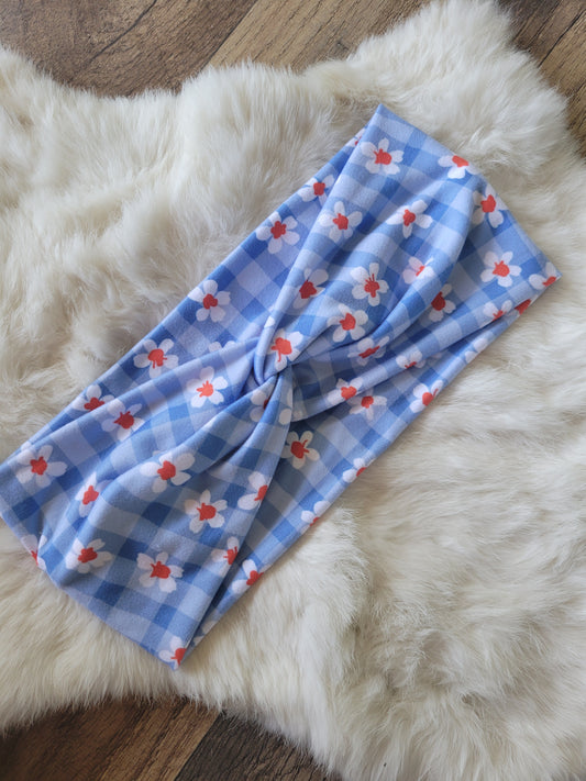 Blue checkered with red and white flowers