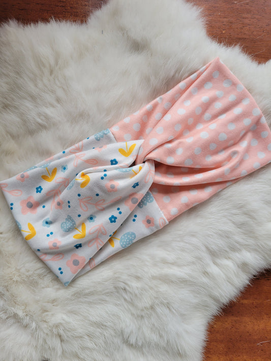 Peach yellow blue floral with peach polka dots